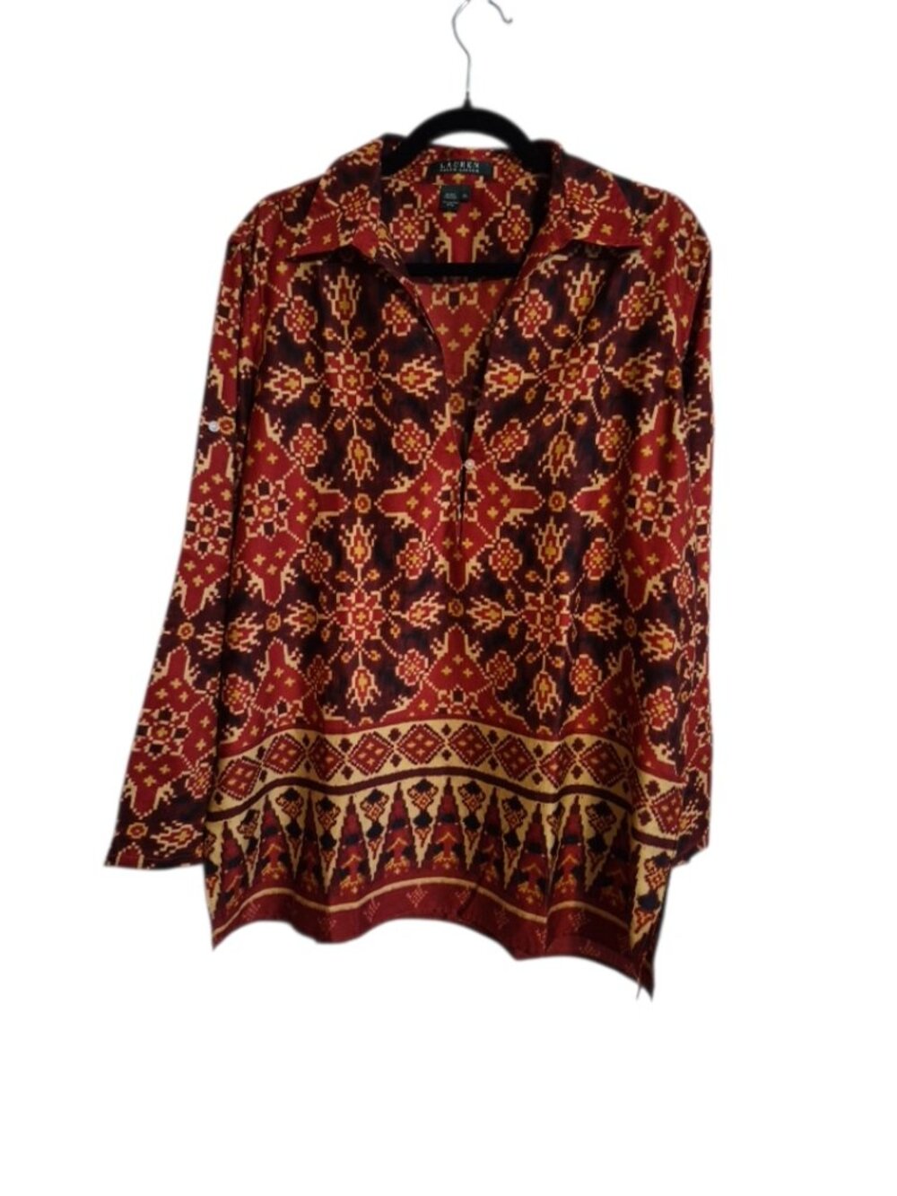 Lauren Ralph Lauren XL Southwestern Tribal Border Print Cotton Blouse‎